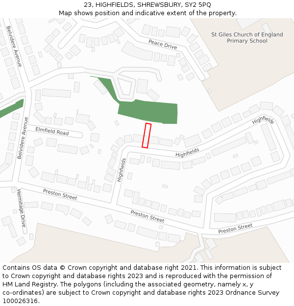 23, HIGHFIELDS, SHREWSBURY, SY2 5PQ: Location map and indicative extent of plot