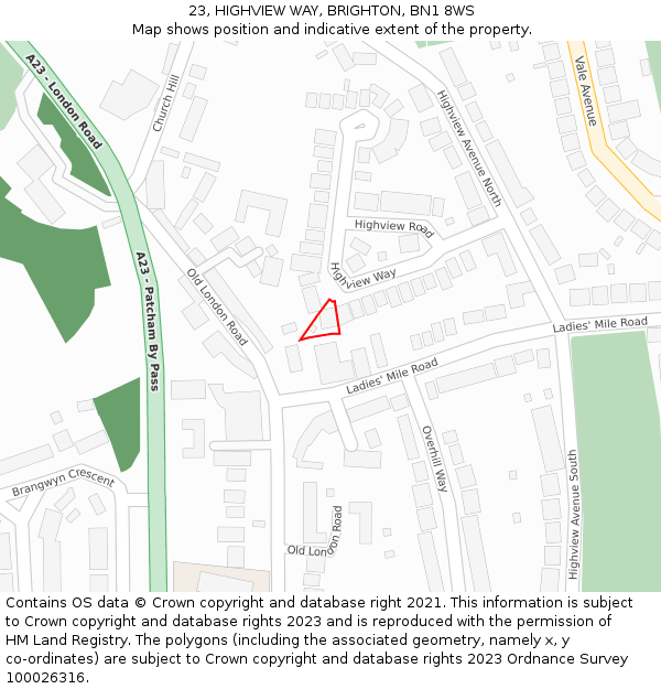 23, HIGHVIEW WAY, BRIGHTON, BN1 8WS: Location map and indicative extent of plot