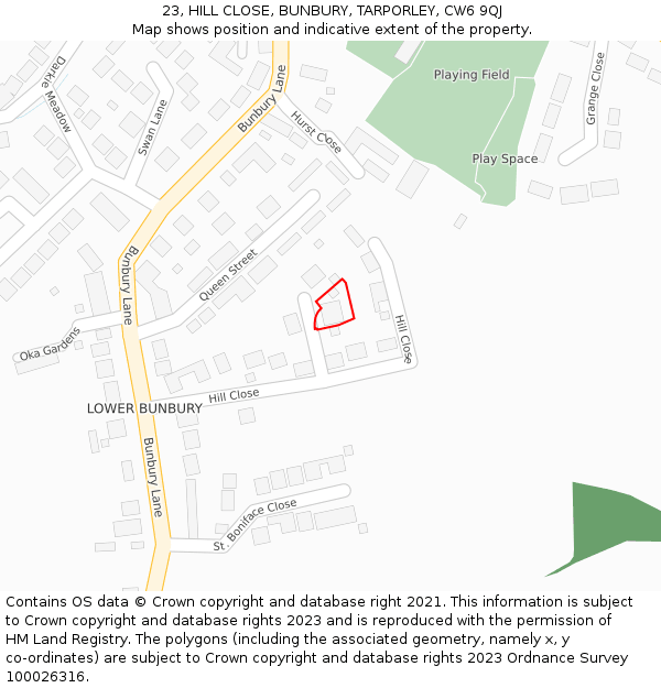 23, HILL CLOSE, BUNBURY, TARPORLEY, CW6 9QJ: Location map and indicative extent of plot