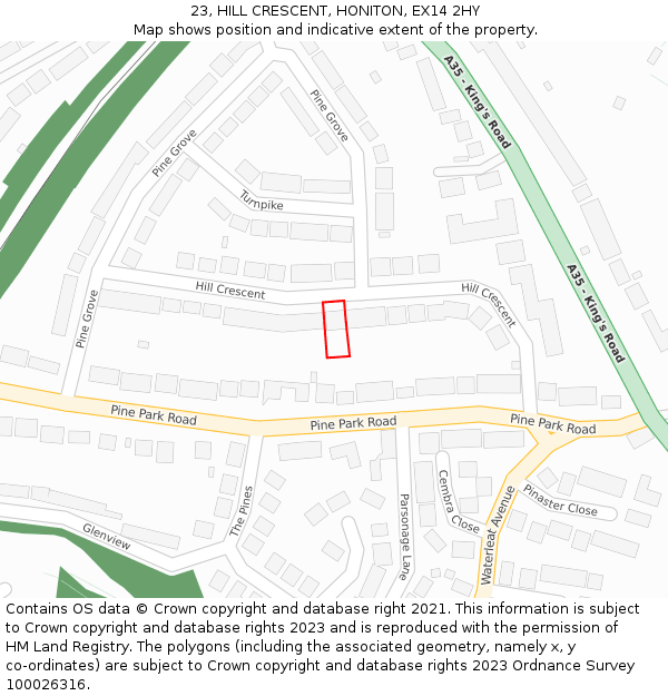 23, HILL CRESCENT, HONITON, EX14 2HY: Location map and indicative extent of plot