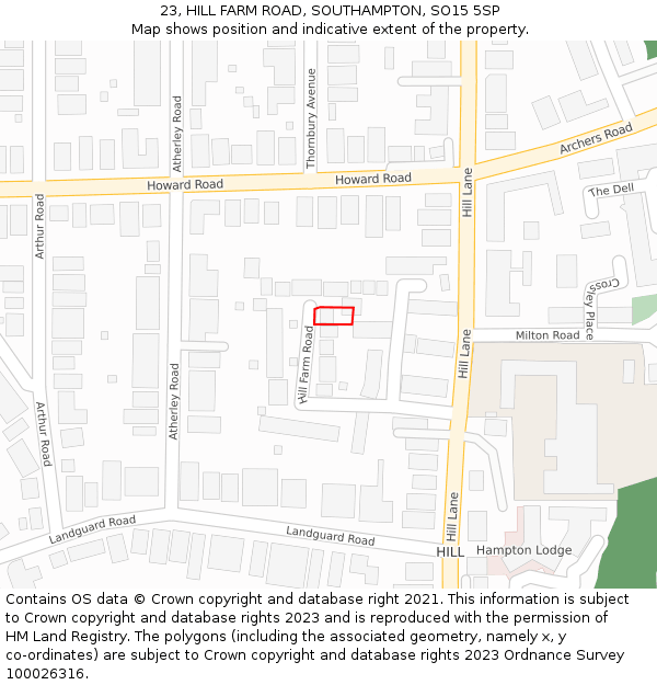 23, HILL FARM ROAD, SOUTHAMPTON, SO15 5SP: Location map and indicative extent of plot