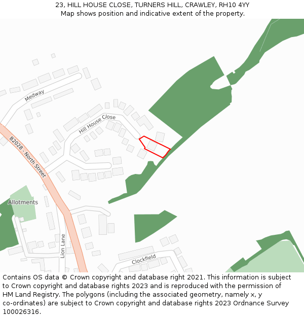 23, HILL HOUSE CLOSE, TURNERS HILL, CRAWLEY, RH10 4YY: Location map and indicative extent of plot