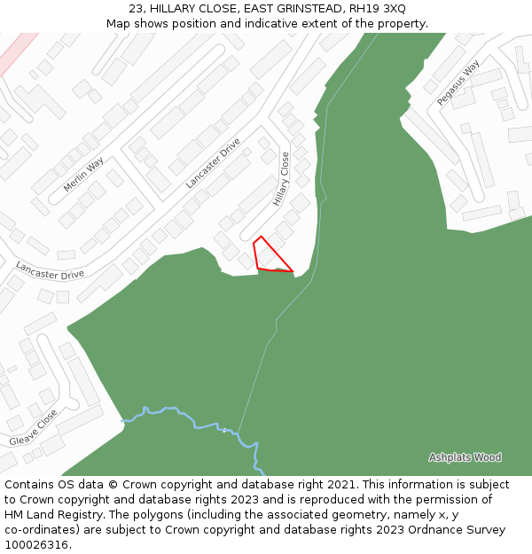23, HILLARY CLOSE, EAST GRINSTEAD, RH19 3XQ: Location map and indicative extent of plot