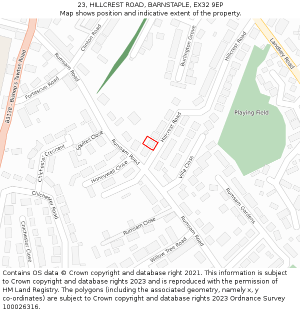 23, HILLCREST ROAD, BARNSTAPLE, EX32 9EP: Location map and indicative extent of plot