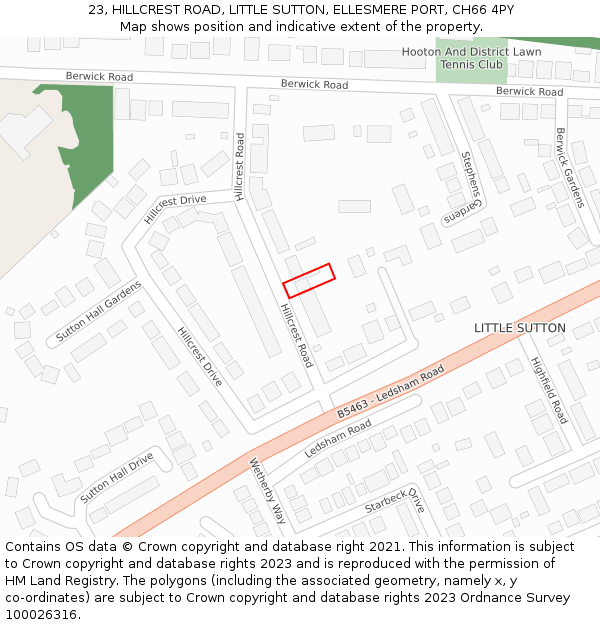 23, HILLCREST ROAD, LITTLE SUTTON, ELLESMERE PORT, CH66 4PY: Location map and indicative extent of plot