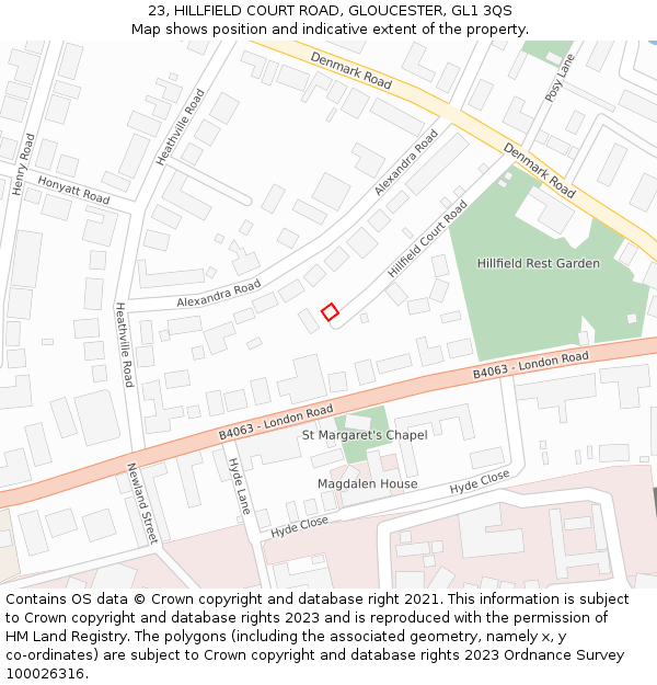 23, HILLFIELD COURT ROAD, GLOUCESTER, GL1 3QS: Location map and indicative extent of plot