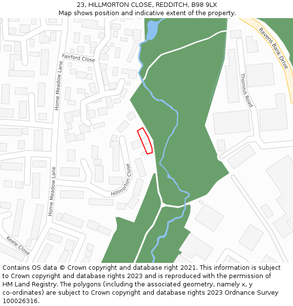 23, HILLMORTON CLOSE, REDDITCH, B98 9LX: Location map and indicative extent of plot