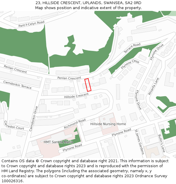 23, HILLSIDE CRESCENT, UPLANDS, SWANSEA, SA2 0RD: Location map and indicative extent of plot