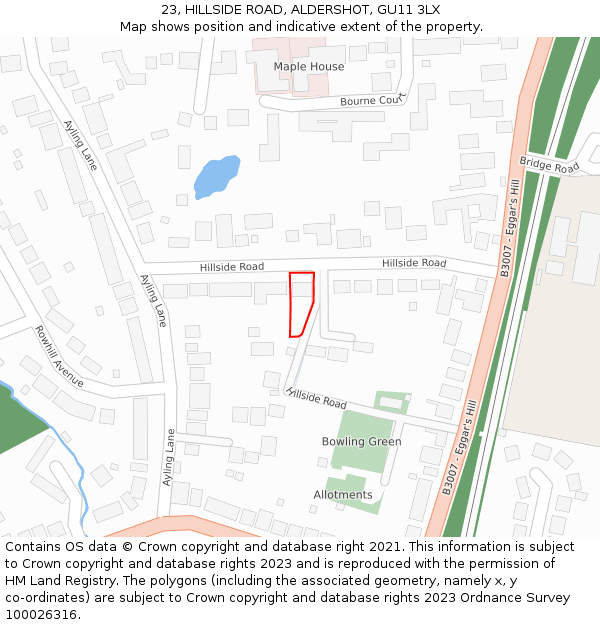 23, HILLSIDE ROAD, ALDERSHOT, GU11 3LX: Location map and indicative extent of plot