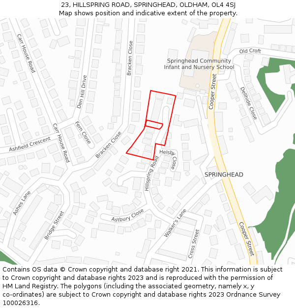 23, HILLSPRING ROAD, SPRINGHEAD, OLDHAM, OL4 4SJ: Location map and indicative extent of plot