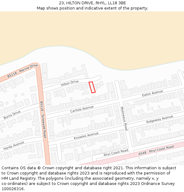 23, HILTON DRIVE, RHYL, LL18 3BE: Location map and indicative extent of plot