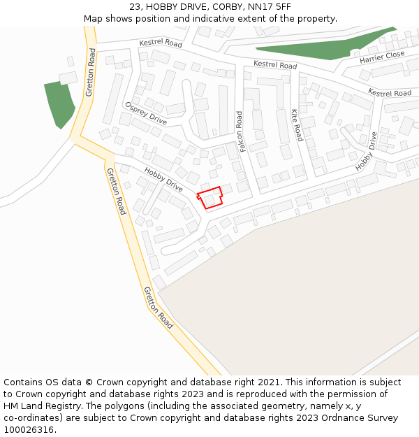 23, HOBBY DRIVE, CORBY, NN17 5FF: Location map and indicative extent of plot