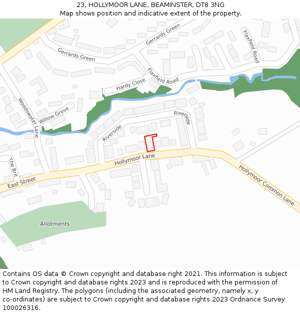 23, HOLLYMOOR LANE, BEAMINSTER, DT8 3NG: Location map and indicative extent of plot