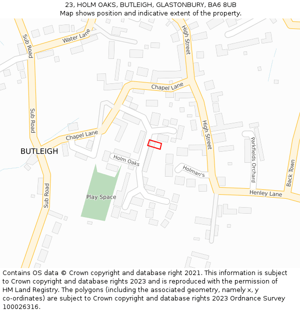 23, HOLM OAKS, BUTLEIGH, GLASTONBURY, BA6 8UB: Location map and indicative extent of plot