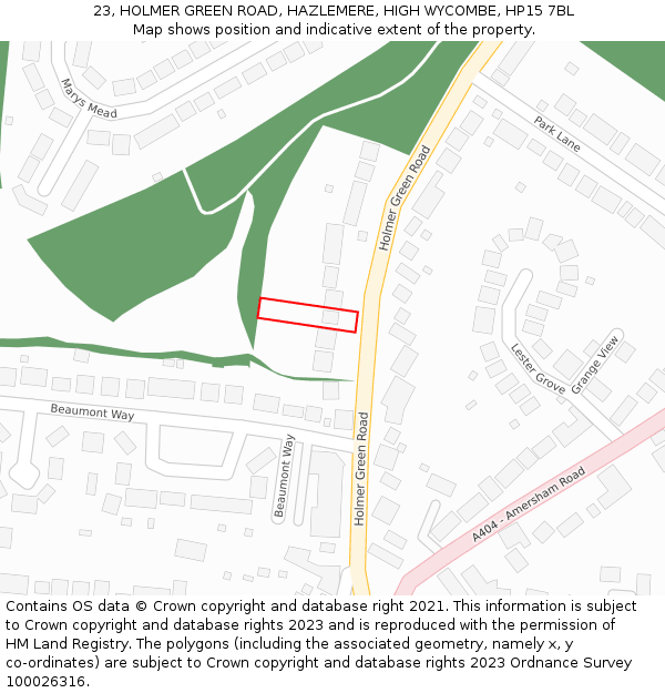 23, HOLMER GREEN ROAD, HAZLEMERE, HIGH WYCOMBE, HP15 7BL: Location map and indicative extent of plot