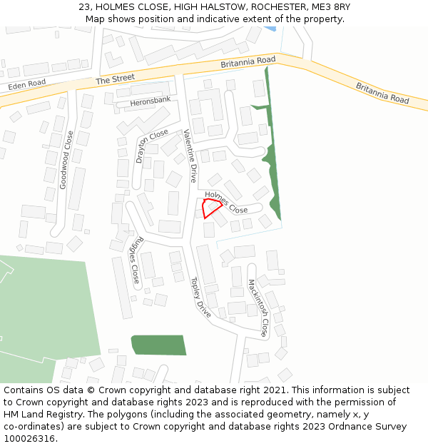 23, HOLMES CLOSE, HIGH HALSTOW, ROCHESTER, ME3 8RY: Location map and indicative extent of plot