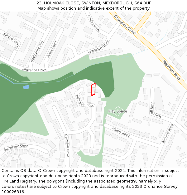 23, HOLMOAK CLOSE, SWINTON, MEXBOROUGH, S64 8UF: Location map and indicative extent of plot