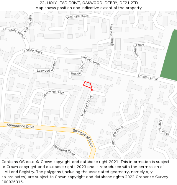 23, HOLYHEAD DRIVE, OAKWOOD, DERBY, DE21 2TD: Location map and indicative extent of plot