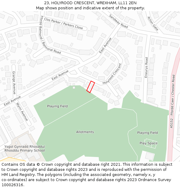 23, HOLYROOD CRESCENT, WREXHAM, LL11 2EN: Location map and indicative extent of plot