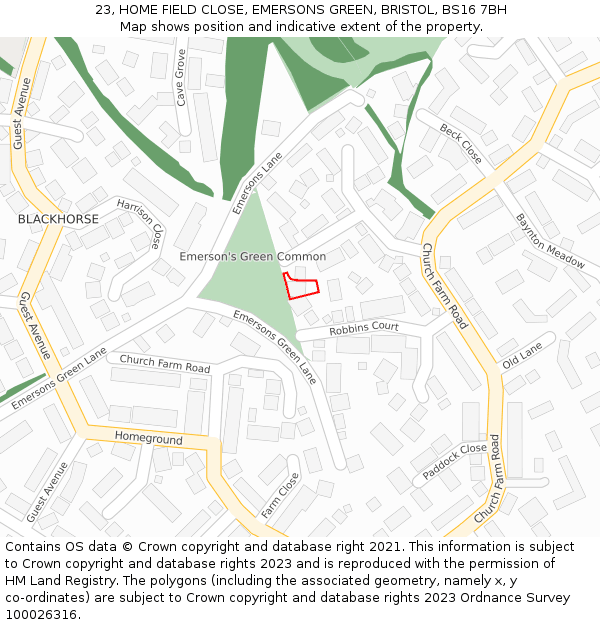 23, HOME FIELD CLOSE, EMERSONS GREEN, BRISTOL, BS16 7BH: Location map and indicative extent of plot