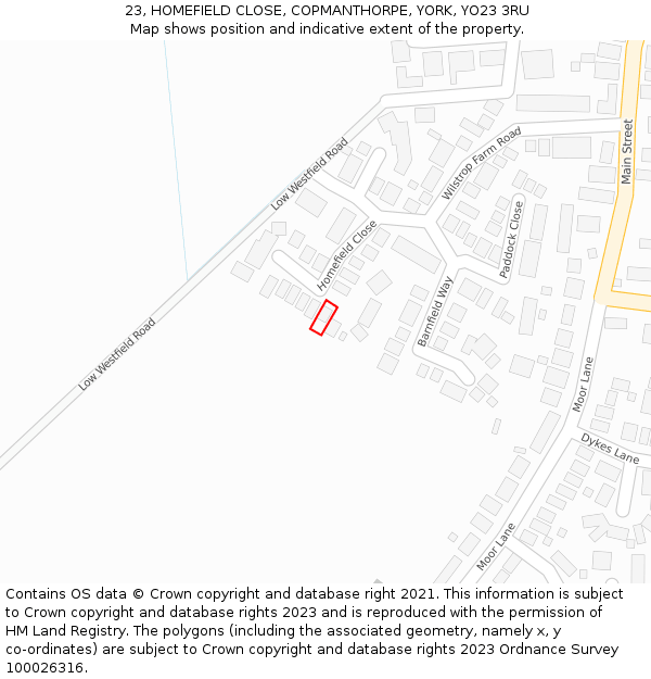 23, HOMEFIELD CLOSE, COPMANTHORPE, YORK, YO23 3RU: Location map and indicative extent of plot
