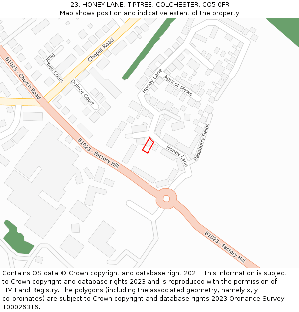 23, HONEY LANE, TIPTREE, COLCHESTER, CO5 0FR: Location map and indicative extent of plot
