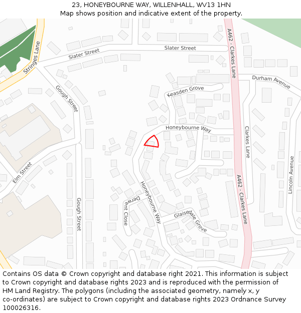 23, HONEYBOURNE WAY, WILLENHALL, WV13 1HN: Location map and indicative extent of plot