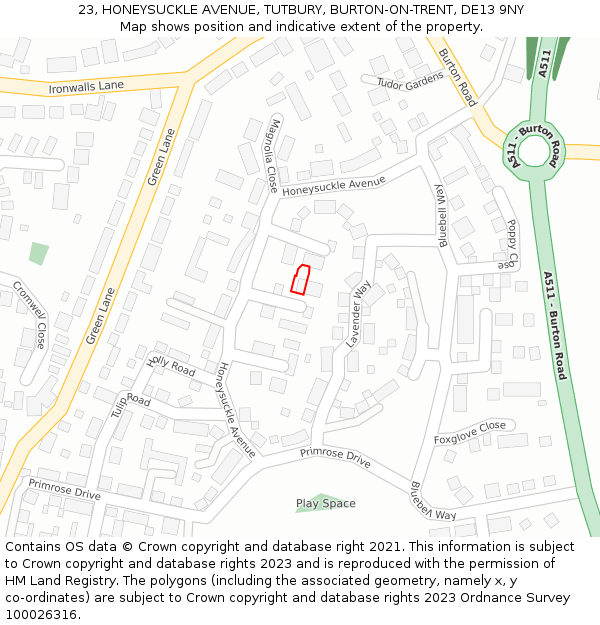 23, HONEYSUCKLE AVENUE, TUTBURY, BURTON-ON-TRENT, DE13 9NY: Location map and indicative extent of plot