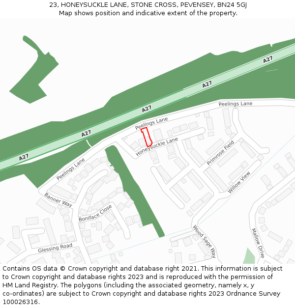 23, HONEYSUCKLE LANE, STONE CROSS, PEVENSEY, BN24 5GJ: Location map and indicative extent of plot