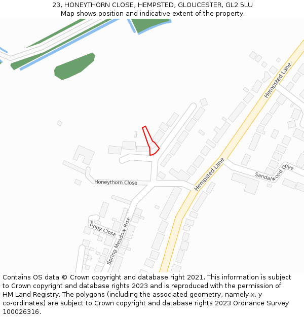23, HONEYTHORN CLOSE, HEMPSTED, GLOUCESTER, GL2 5LU: Location map and indicative extent of plot