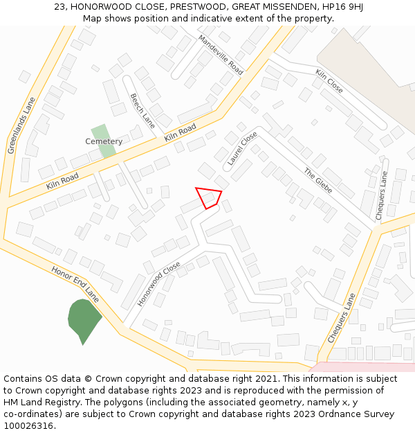 23, HONORWOOD CLOSE, PRESTWOOD, GREAT MISSENDEN, HP16 9HJ: Location map and indicative extent of plot