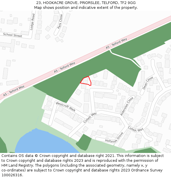 23, HOOKACRE GROVE, PRIORSLEE, TELFORD, TF2 9GG: Location map and indicative extent of plot