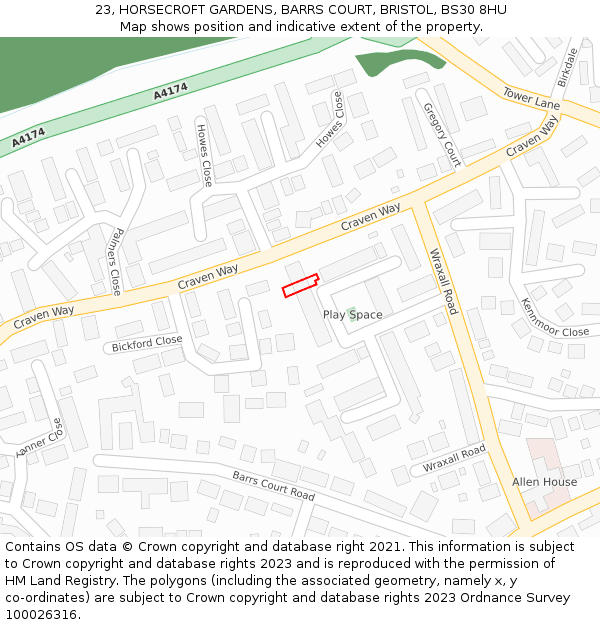 23, HORSECROFT GARDENS, BARRS COURT, BRISTOL, BS30 8HU: Location map and indicative extent of plot