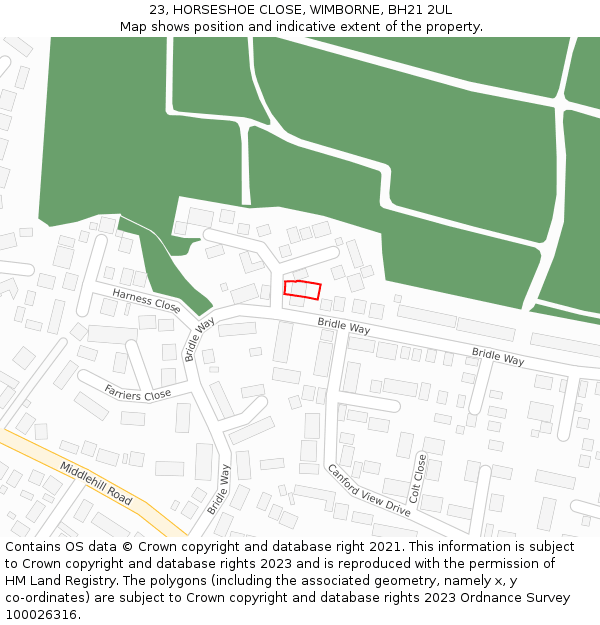 23, HORSESHOE CLOSE, WIMBORNE, BH21 2UL: Location map and indicative extent of plot