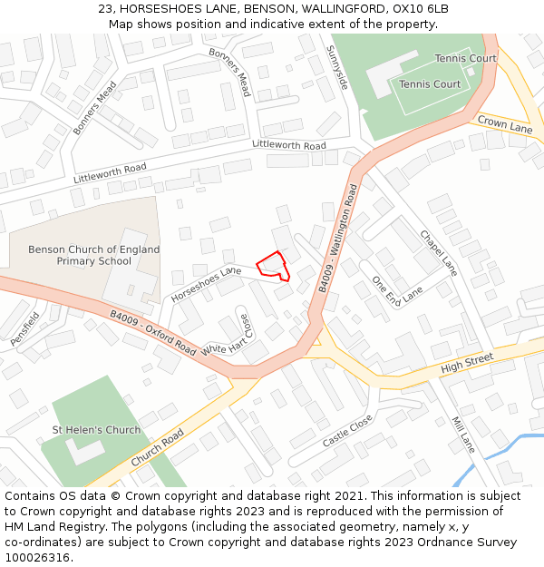 23, HORSESHOES LANE, BENSON, WALLINGFORD, OX10 6LB: Location map and indicative extent of plot