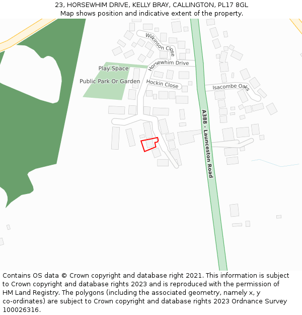 23, HORSEWHIM DRIVE, KELLY BRAY, CALLINGTON, PL17 8GL: Location map and indicative extent of plot