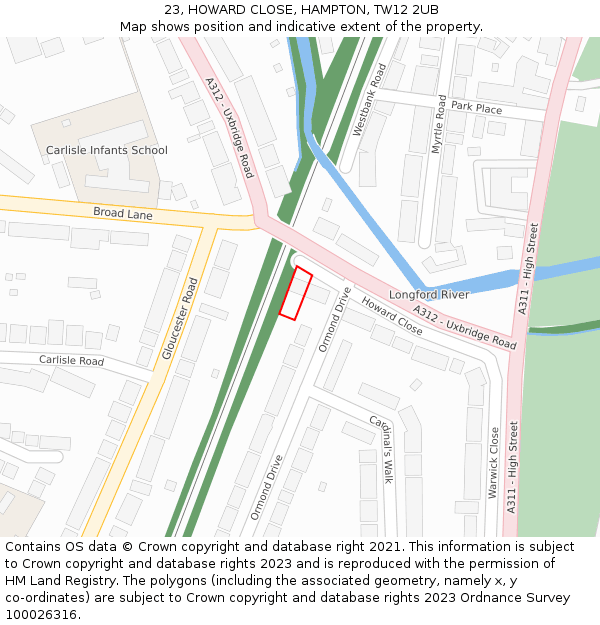 23, HOWARD CLOSE, HAMPTON, TW12 2UB: Location map and indicative extent of plot