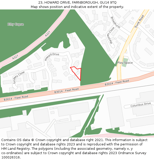 23, HOWARD DRIVE, FARNBOROUGH, GU14 9TQ: Location map and indicative extent of plot