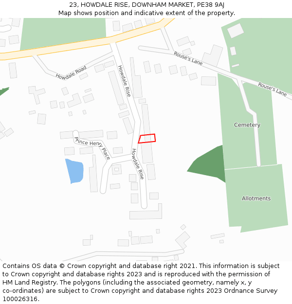 23, HOWDALE RISE, DOWNHAM MARKET, PE38 9AJ: Location map and indicative extent of plot