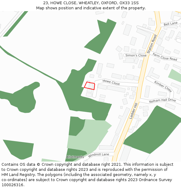 23, HOWE CLOSE, WHEATLEY, OXFORD, OX33 1SS: Location map and indicative extent of plot