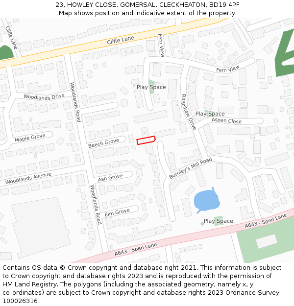 23, HOWLEY CLOSE, GOMERSAL, CLECKHEATON, BD19 4PF: Location map and indicative extent of plot