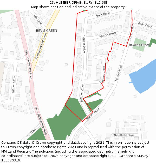 23, HUMBER DRIVE, BURY, BL9 6SJ: Location map and indicative extent of plot