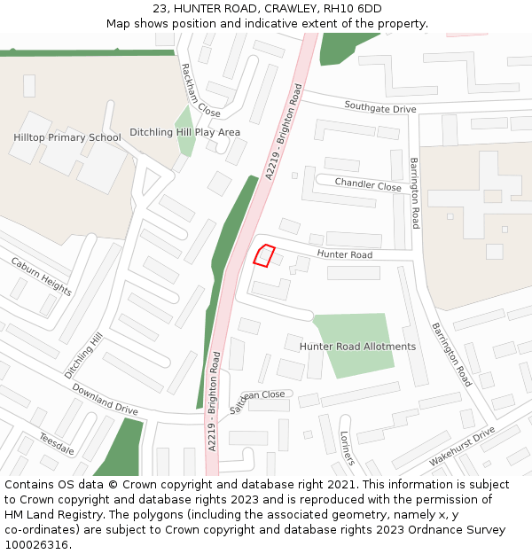 23, HUNTER ROAD, CRAWLEY, RH10 6DD: Location map and indicative extent of plot