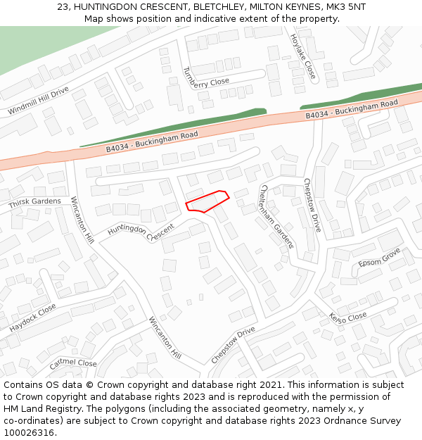 23, HUNTINGDON CRESCENT, BLETCHLEY, MILTON KEYNES, MK3 5NT: Location map and indicative extent of plot