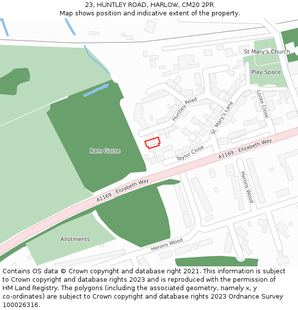 23, HUNTLEY ROAD, HARLOW, CM20 2PR: Location map and indicative extent of plot