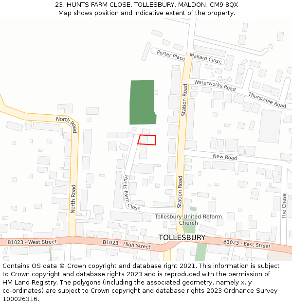 23, HUNTS FARM CLOSE, TOLLESBURY, MALDON, CM9 8QX: Location map and indicative extent of plot