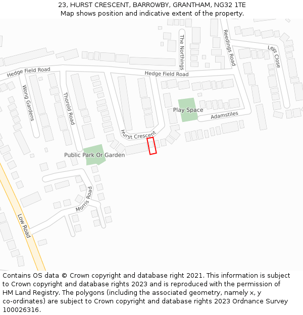 23, HURST CRESCENT, BARROWBY, GRANTHAM, NG32 1TE: Location map and indicative extent of plot