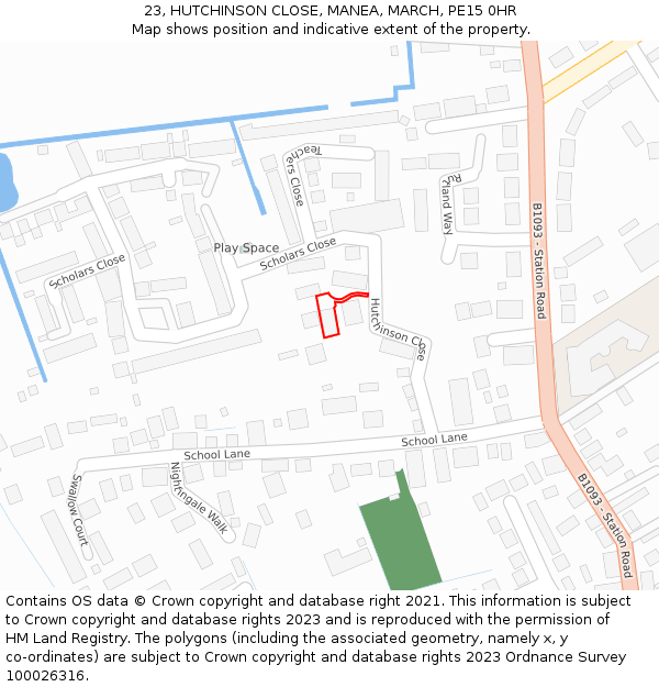 23, HUTCHINSON CLOSE, MANEA, MARCH, PE15 0HR: Location map and indicative extent of plot