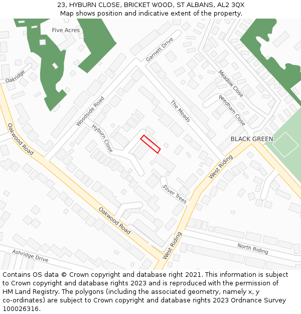 23, HYBURN CLOSE, BRICKET WOOD, ST ALBANS, AL2 3QX: Location map and indicative extent of plot