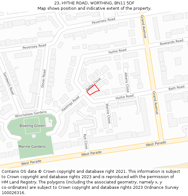 23, HYTHE ROAD, WORTHING, BN11 5DF: Location map and indicative extent of plot